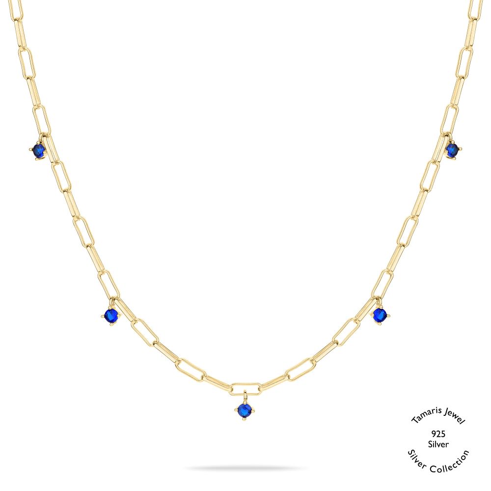 Tamaris Halskette, 925 Silber, Zirkonia Blau Anhänger, Gelbgold