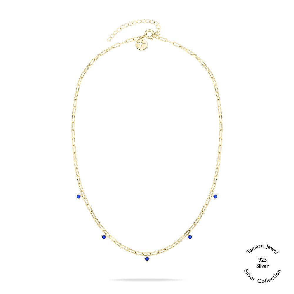 Tamaris Halskette, 925 Silber, Zirkonia Blau Anhänger, Gelbgold